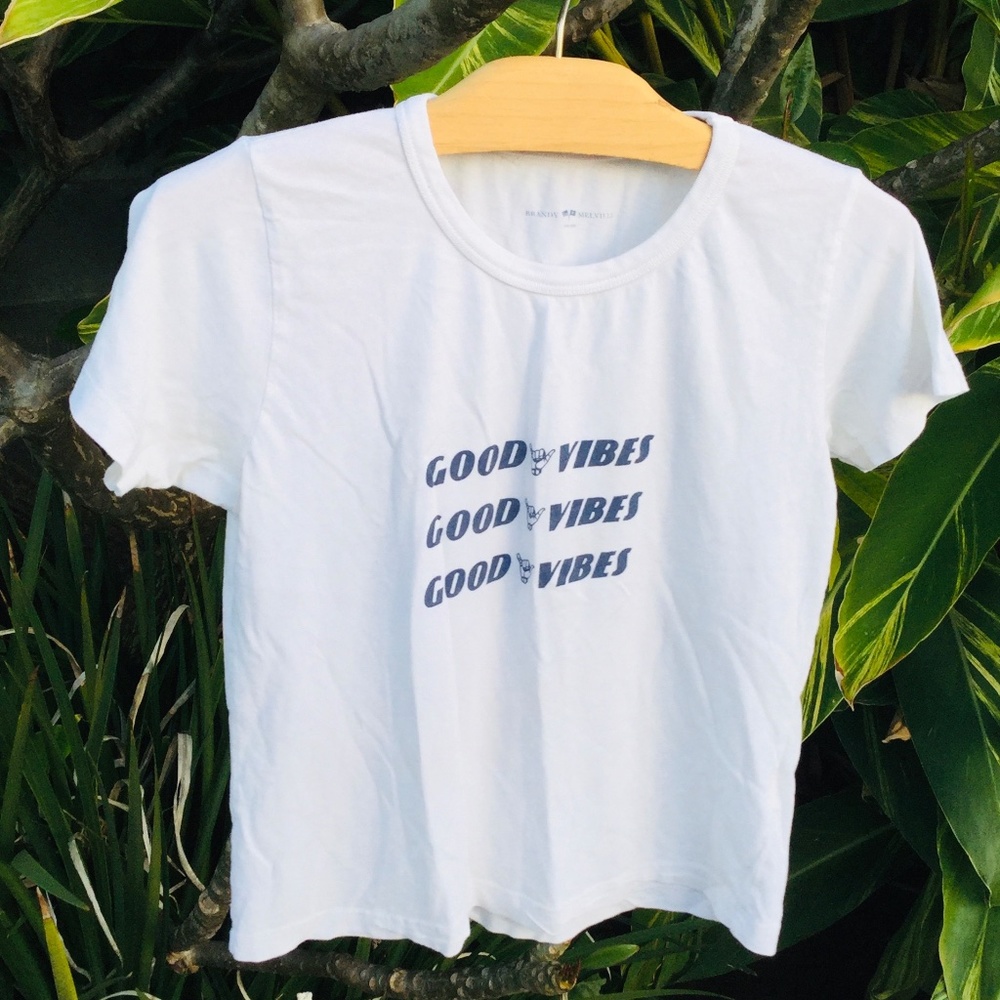 Brandy Melville Blue and White Good Vibes Top